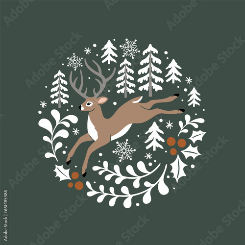 Hand drawn vector illustration with cute Christmas deer in pine and holly wreath. Perfect for tee shirt logo, greeting card, poster, invitation or print nursery design.