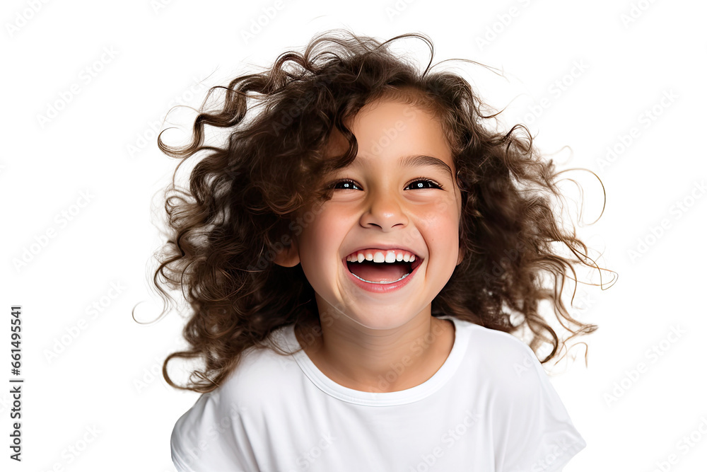 Studio portrait of a cute happy little girl with a beautiful smile isolated on transparent png background. - obrazy, fototapety, plakaty 