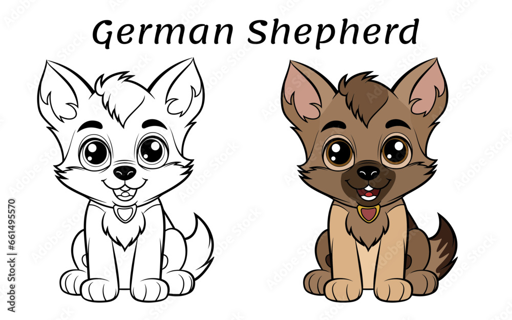 German Shepherd dog Cute Animal Coloring Book Hand Drawn Illustration for kids