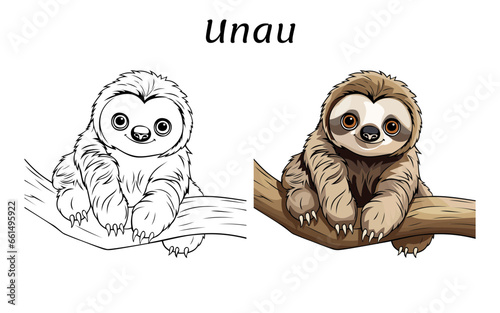 Unau Cute Animal Coloring Book Hand Drawn Illustration for kids photo