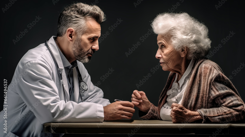 medical person conversation with senior or old female at the table in living room. doctor in Support or communication with patient resident elderly woman. Healthcare Seniors. Generative Ai - obrazy, fototapety, plakaty 