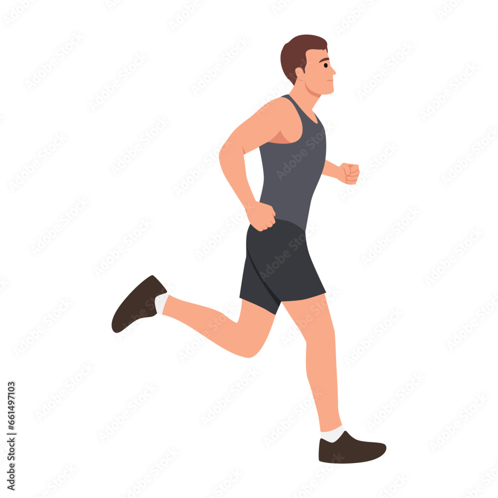 Man running or jogging. Workout excercise. Marathon athlete doing sprint outdoor. Flat vector illustration isolated on white background Man running or jogging. Workout excercise. Marathon athlete doing sprint outdoor. Flat vector illustration isolated on white background