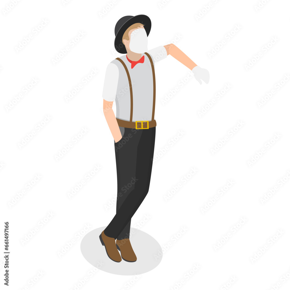 3D Isometric Flat Vector Set of Mime Actors, Showing Pantomime, Silent Street Performers. Item 5 3D Isometric Flat Vector Set of Mime Actors, Showing Pantomime, Silent Street Performers. Item 5