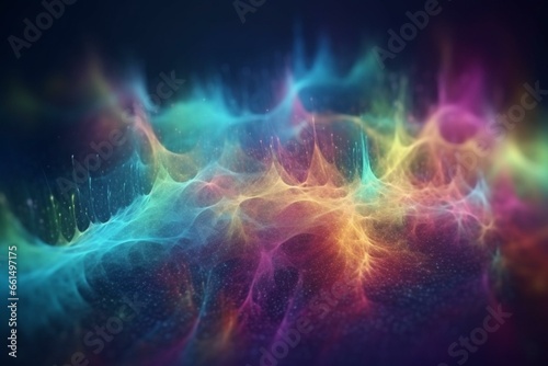 Beautiful  enchanting particle flow with elegant waves of colorful dust  magical ripples. Info stream  data transfer  virtual reality. Creative soft bokeh  abstract background. 3D. Generative AI