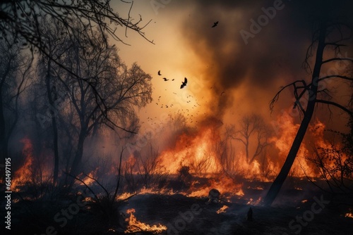 An image capturing a wildfire, illustrating the destructive consequences of human actions on Earth's biodiversity. Generative AI © Thorne