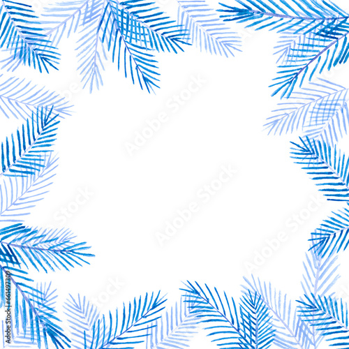 Watercolor frame mock up with frost blue colored fir conferious christmas tree branches twigs isolated on white background with copy space.Decoration for christmas new year xmas party.Square