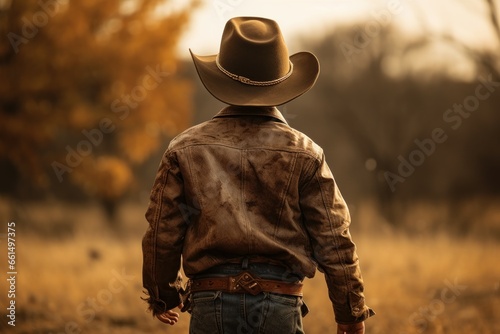 Back view courageous cowboy boy. Fashion little hat. Generate Ai