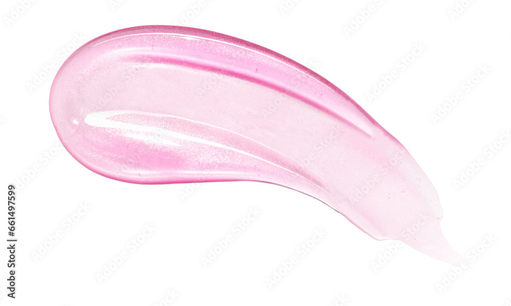 Pink lip gloss texture isolated on white background. Smudged cosmetic product smear. Makup swatch product sample - obrazy, fototapety, plakaty 