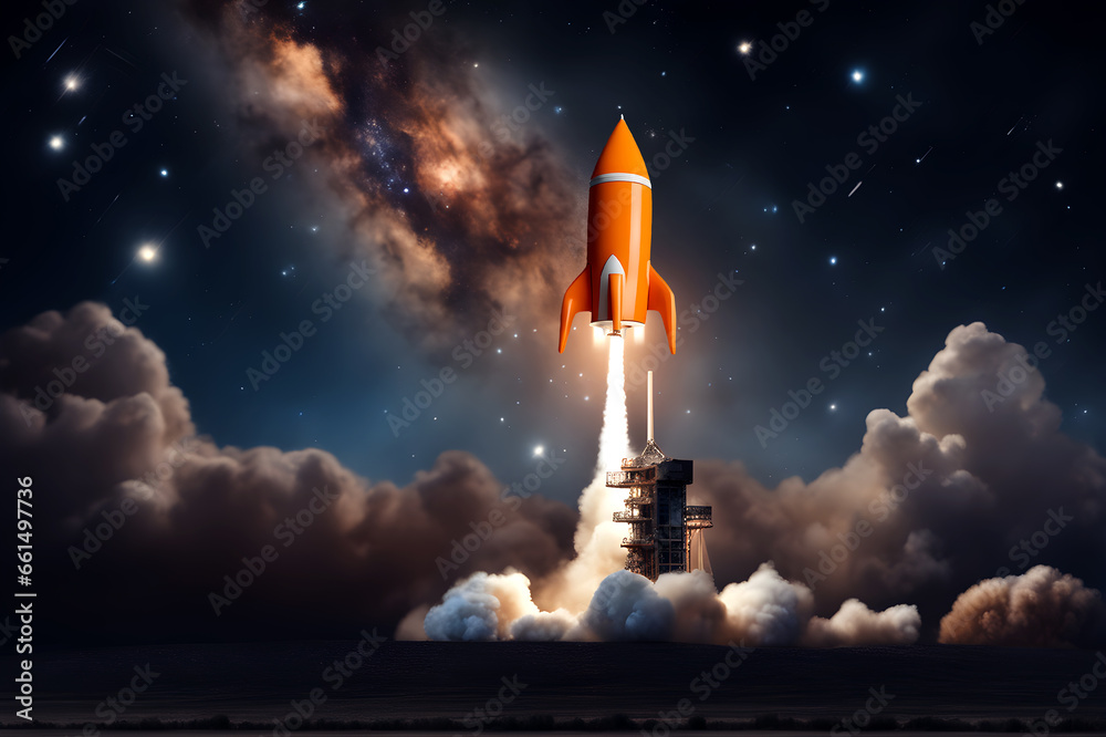 space rocket taking off, night sky with milky way, AI generated