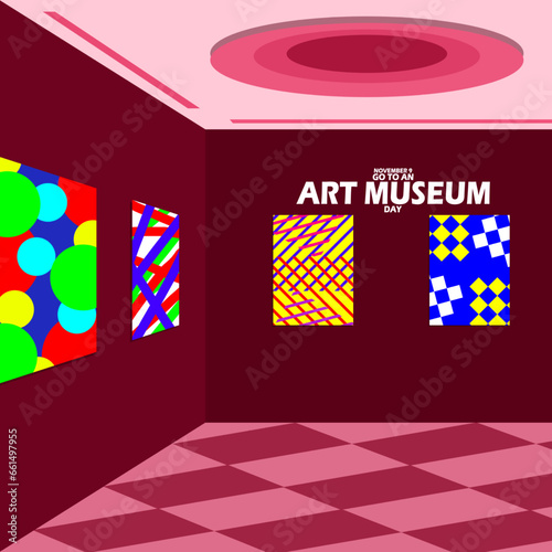 An exhibition of paintings inside the museum, with bold text to commemorate Go to an Art Museum Day on November 9