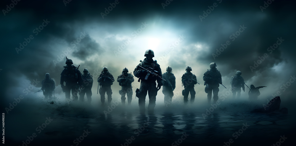 Fototapeta premium Army soldiers with his guns on a dark background