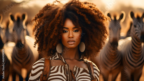 Black afro woman standing calmly with a herd of zebra, Africa safari travel summer