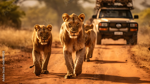 Lionesses walking on dirt road in front of safari jeep