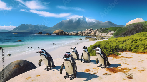 Penguins sitting at Boulders Beach Cape Town Mountain landscape