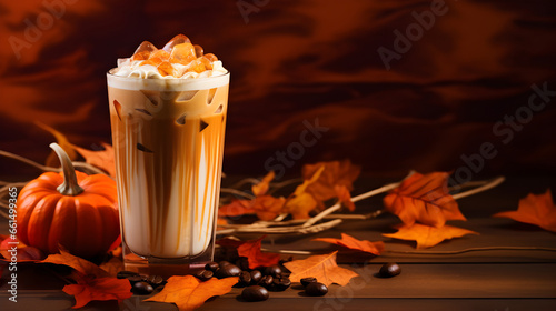 Pumpkin cream cold brew latte kept with autumn leaves commercial light