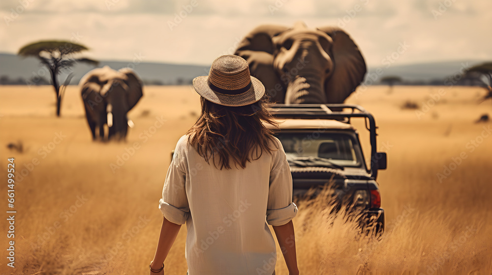 Woman standing in front of a safari vehicle, elephant in the savanna, summer travel