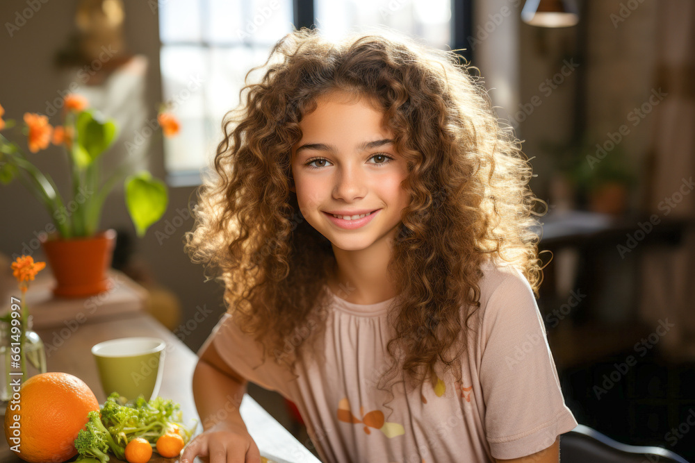 Confident teen girl enjoying a healthy meal, smiling.