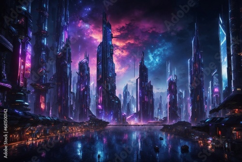 Cyberpunk futuristic cityscape at night with neon lights