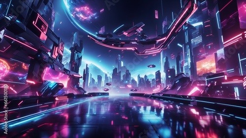 3D rendering Futuristic spaceship Cyberpunk style in the neon futuristic city © maikuto