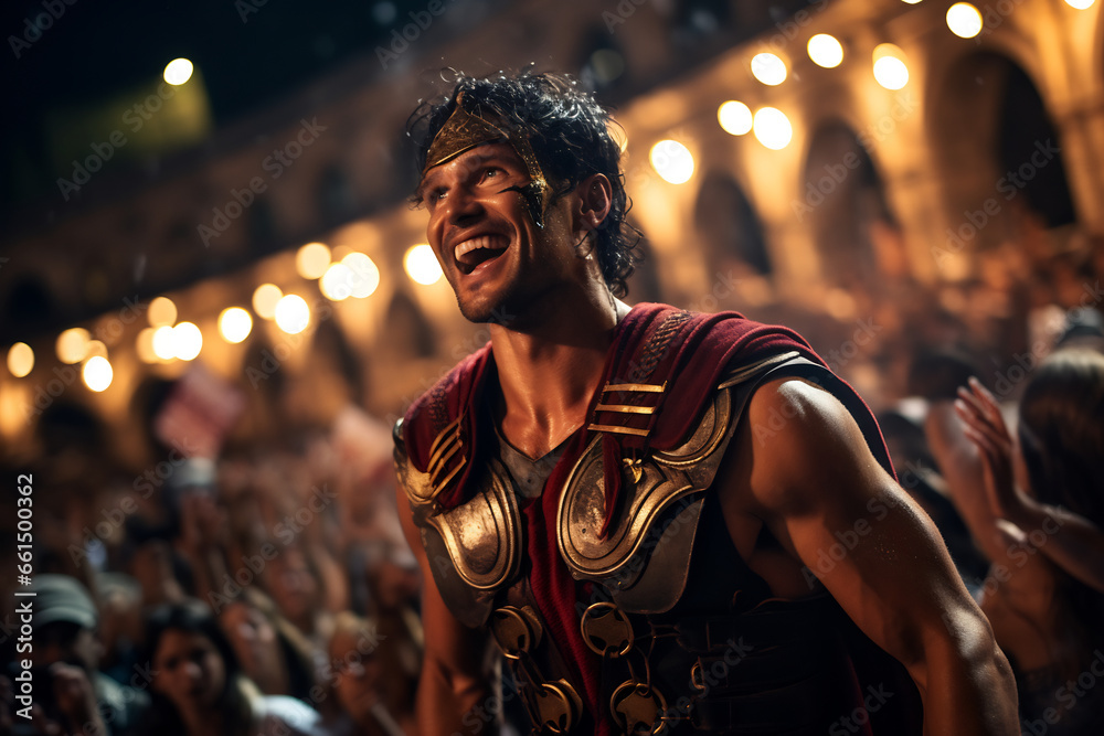 a street performer dressed as a Roman gladiator - obrazy, fototapety, plakaty 