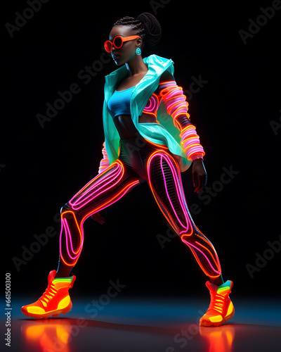 African woman in neon sportswear for fitness and training in the style of futuristic pop, luminous color palette © Oksana