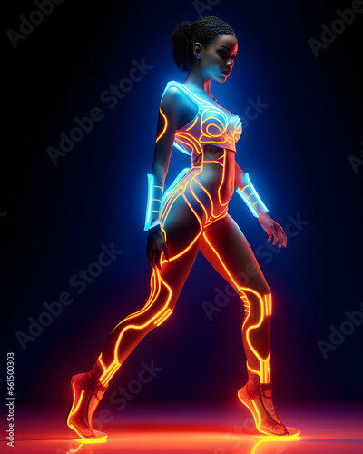 African woman in neon sportswear for fitness and training in the style of futuristic pop, luminous color palette