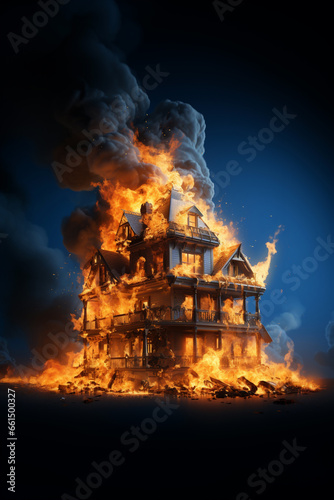Property insurance protection, security protect, real estate from damage accidents, unexpected disaster, impending loss concept. Vertical banner of house building burning, on fire black background