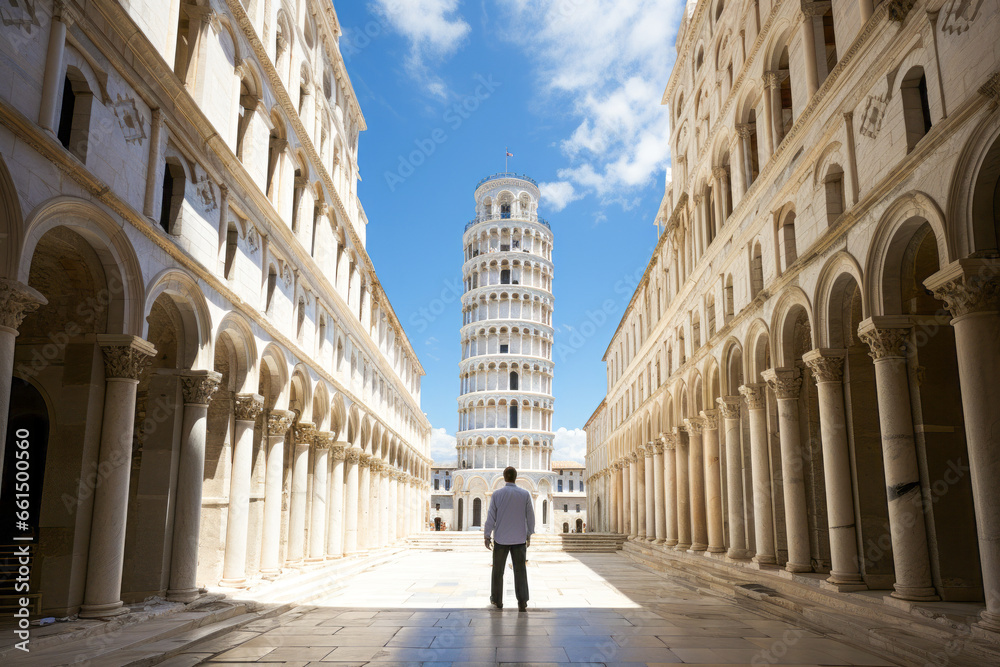Man poses with Leaning Tower of Pisa illusion in Italy.