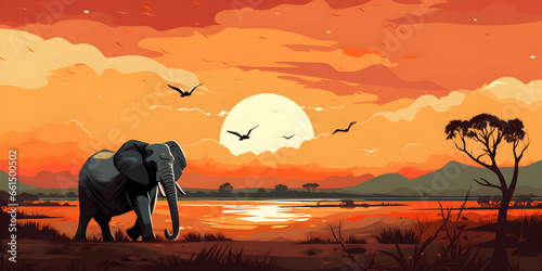 Elephant with sunset background in nature