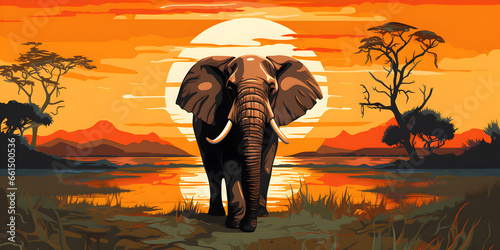 Elephant with sunset background in nature