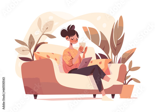 A woman sitting on a couch, drinking coffee and relaxing 