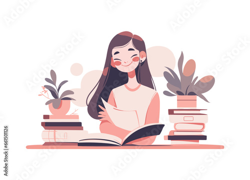 Female students sitting at a desk studying or reading a book