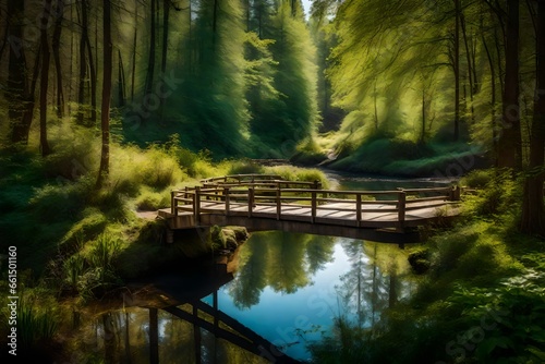 A picture of a green flowerful tranquil forest with a winding river and a small wooden bridge t taken with sony a7m4 shows the Tyndall effect in the sun, sunny days, warm spring --testp --creative  photo