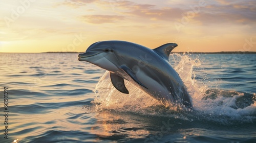 Dolphins jumping on water with beautiful sunset