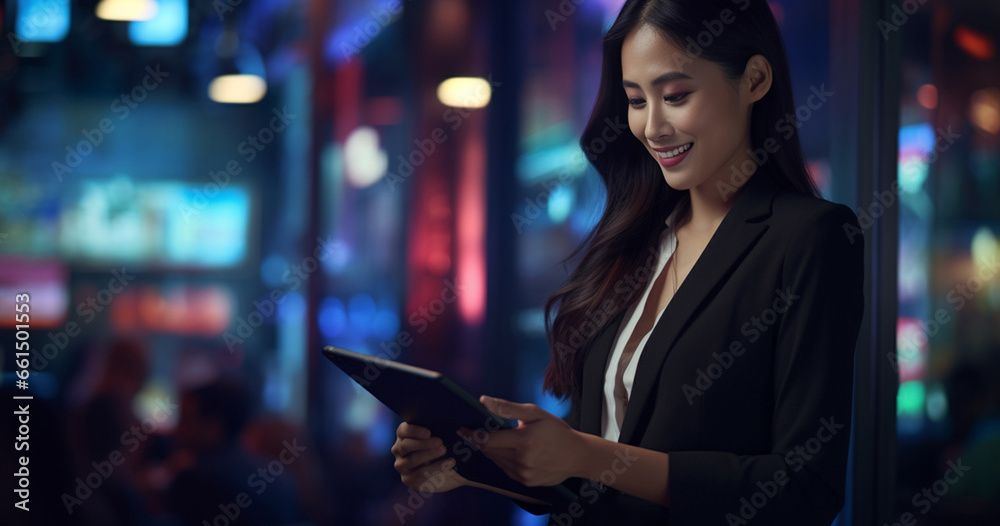 Fototapeta premium An Asian businesswoman, dressed in a sharp suit, utilizes a tablet against the backdrop of a cityscape aglow with the soft lights of the night.