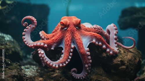 Red octopus on coral reef under the sea