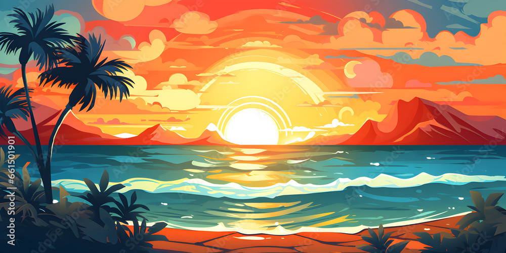 Summer beach with sunset background