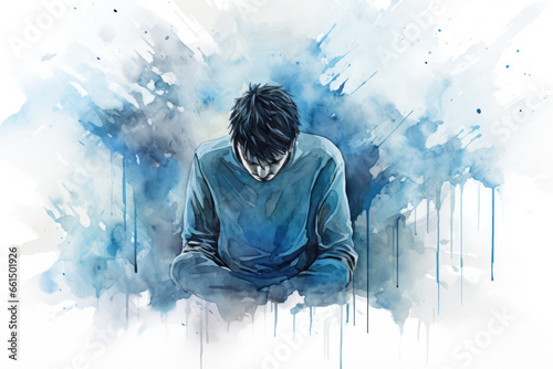 depressed young man sitting on floor, aquarell, blue water color photo