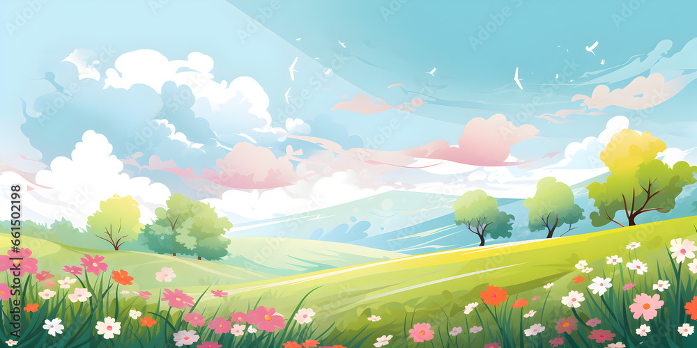 spring landscape with grass and flowers