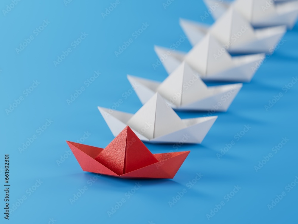 Different business concept.new ideas. paper art style. creative idea.Leadership concept using red paper ship among white boats.3D rendering on blue background.
Different business concept.new ideas. paper art style. creative idea.Leadership concept using red paper ship among white boats.3D rendering on blue background.