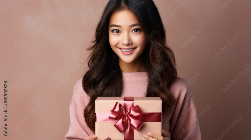 Girl giving Christmas and New Year party gift box on color background. Girl giving Christmas and New Year party gift box on color background.