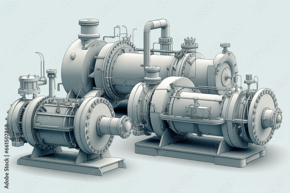 Illustration of massive industrial thermal pumps. Generative AI