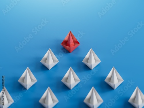 Different business concept.new ideas. paper art style.Leadership concept with red paper ship leading among white boats.3D rendering on blue background. 