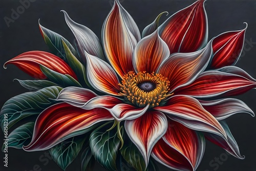 A painting of a flower on a gray background, an airbrush painting by earnst haeckel, trending on zbrush central, cloisonnism, high detail, detailed painting, biomorphic, red  photo