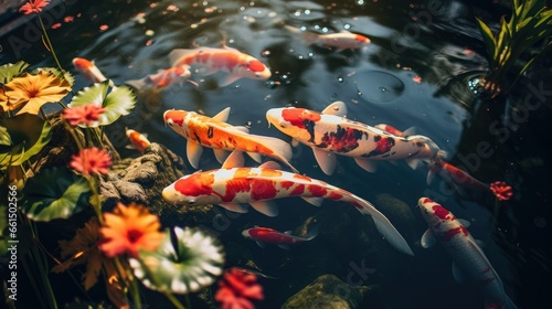 Group of colorful koi fish on the surface water in the pond garden