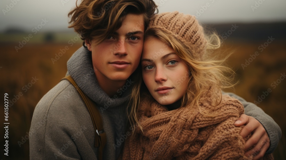 a couple in love against the backdrop of an autumn field a couple in love against the backdrop of an autumn field