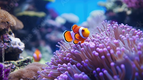 Clown fish swimming in the corals and anemone  nature habitat colorful underwater