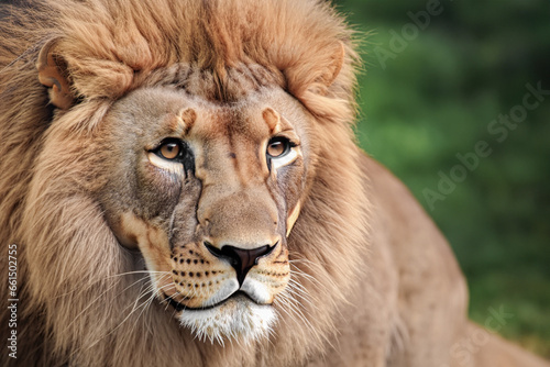 Portrait of an adult lion  with a stern look. Close-up of the lion king looking stern. Portrait of wildlife animals