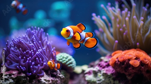 Clown fish swimming in the corals and anemone, nature habitat colorful underwater © Fadil