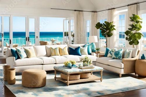  coastal living room overlooking the ocean, featuring a comfortable sofa set bathed in natural light. relaxed design ,